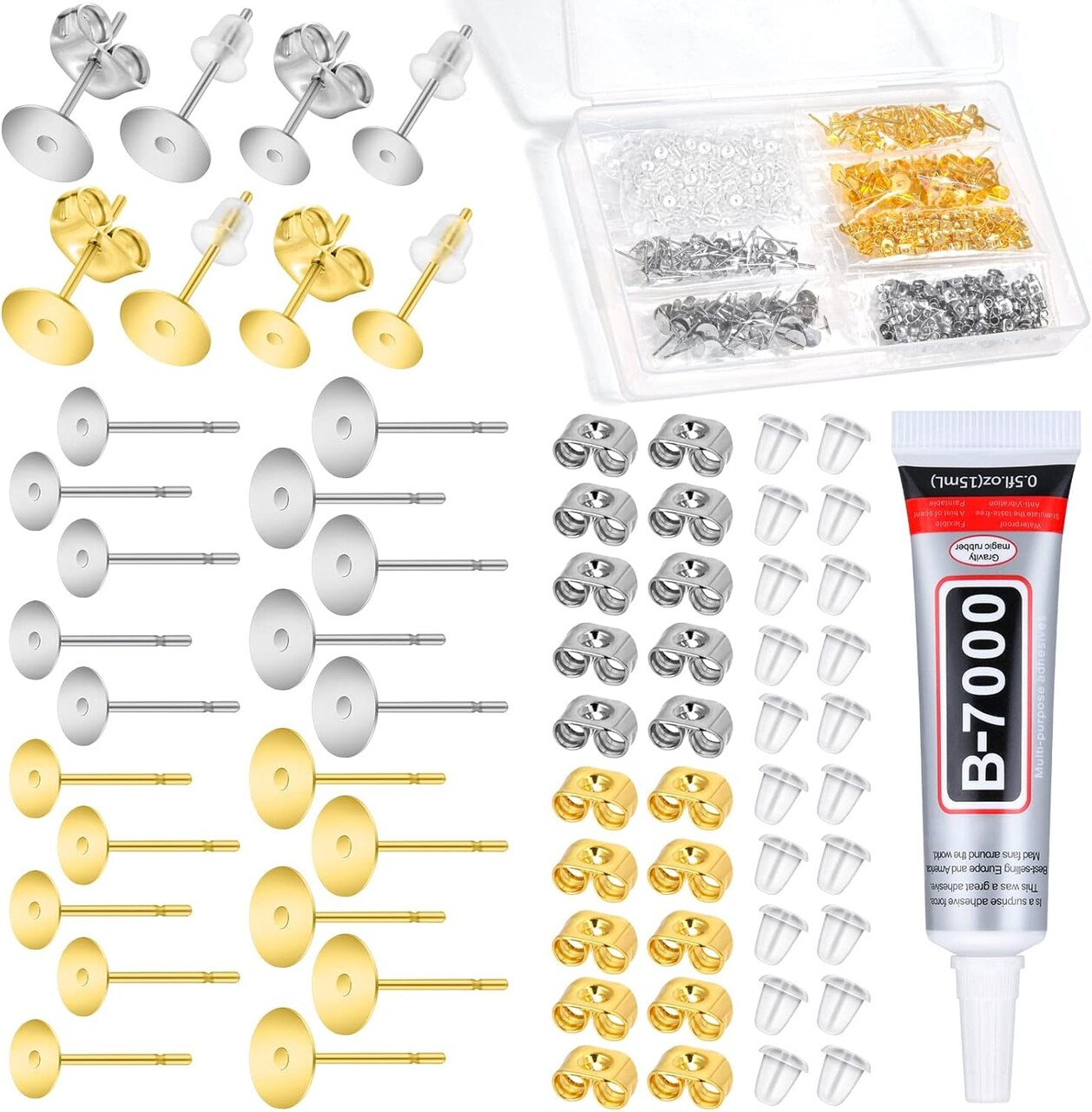 Jewelry Glue with 600pcs Stainless Steel Earring Posts and Backs - Silver and Gold Posts with Rubber Backs for Jewelry Making